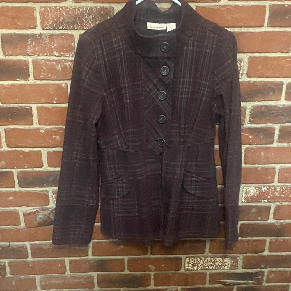 DKNY Dark Plaid Blazer with Button Detail